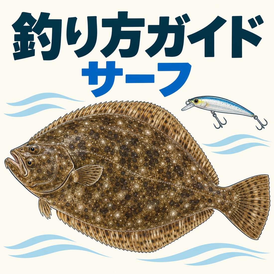 サーフの釣り方ガイド：Japanese flounder ヒラメ, broad flat brown mottled oval fish both eyes upper side