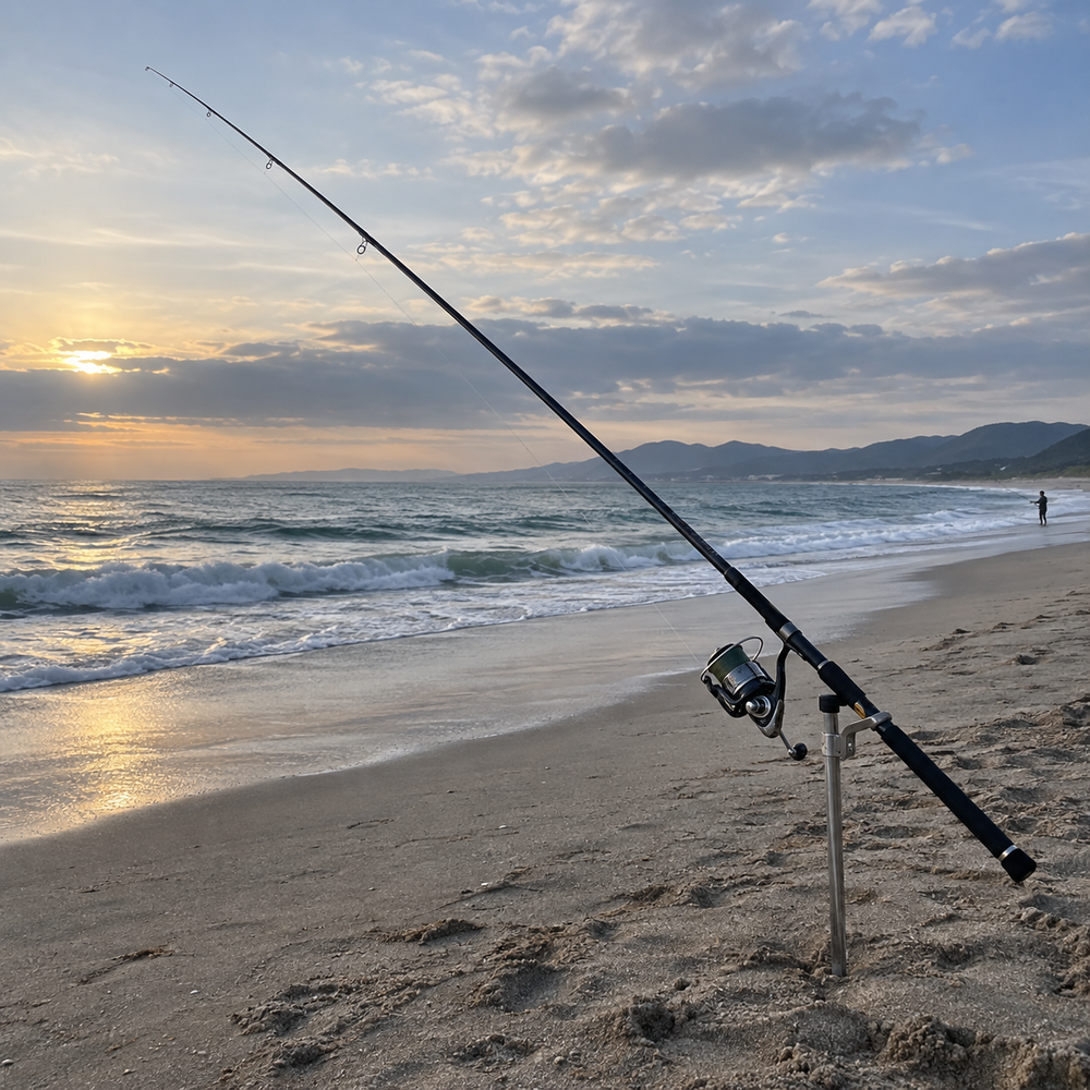遠州灘をイメージした投げ釣りの砂浜と投げ竿