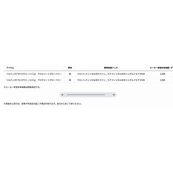 ソルティガFKジグSLJ60g PHチャートグローベリー ダイワ