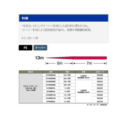テクミーテーパー力糸 13M 赤 2本 0.6ー6 ゴーセン 継続SALE