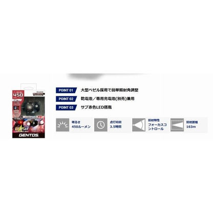 GENTOS W STAR WS-643HD 赤色LED搭載ヘッドライト 450ルーメン ジェントス