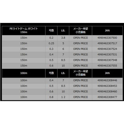 ヤマトヨ PEライトゲーム 150ｍ ホワイト ヤマトヨテグス